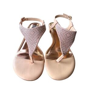 Nude Rhinestone Low Wedge Thong Sandals Ankle Strap Womens 8 M party glam wedge
